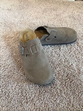 Wilt Women’s Suede Slip-On Clogs in Taupe Brown with Buckle